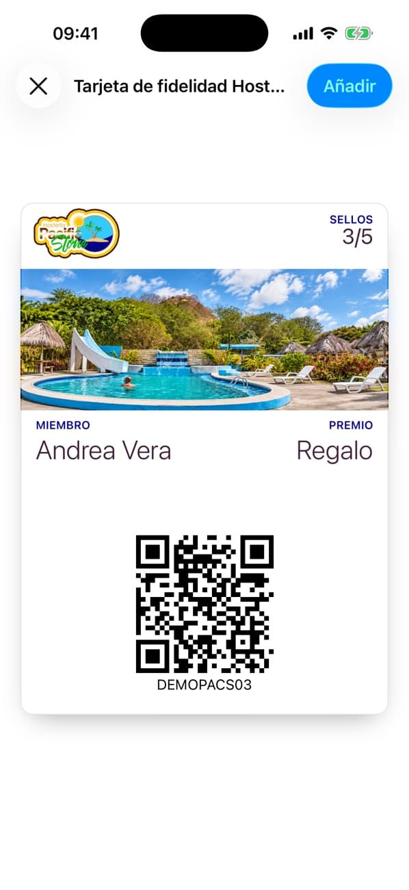Tarjeta de Hostería Pacific Stone en Apple Wallet con 3 de 5 sellos